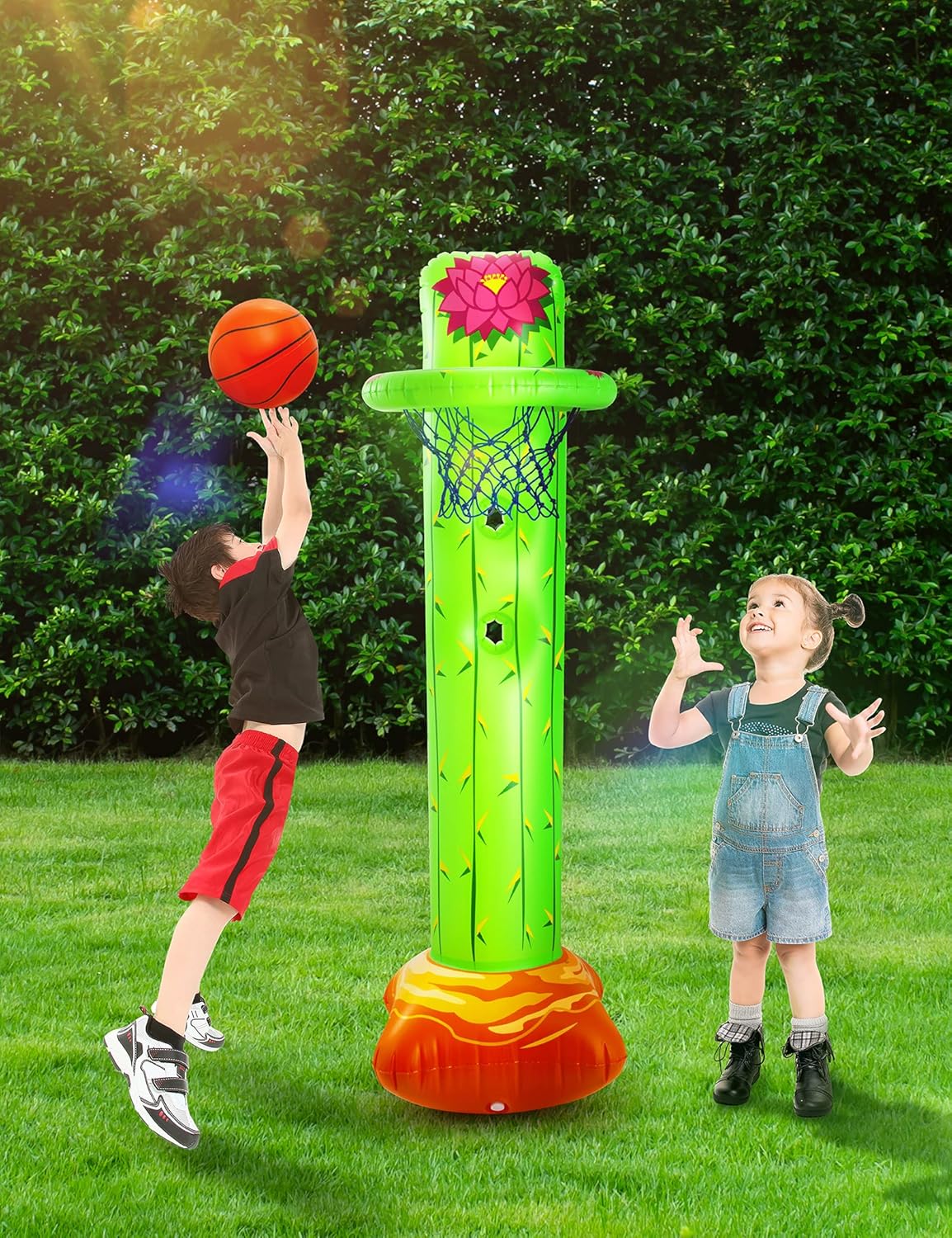 Inflatable Cactus Basketball Set with 2 Balls, Height-Adjustable Basket 3ft – 5ft J567642