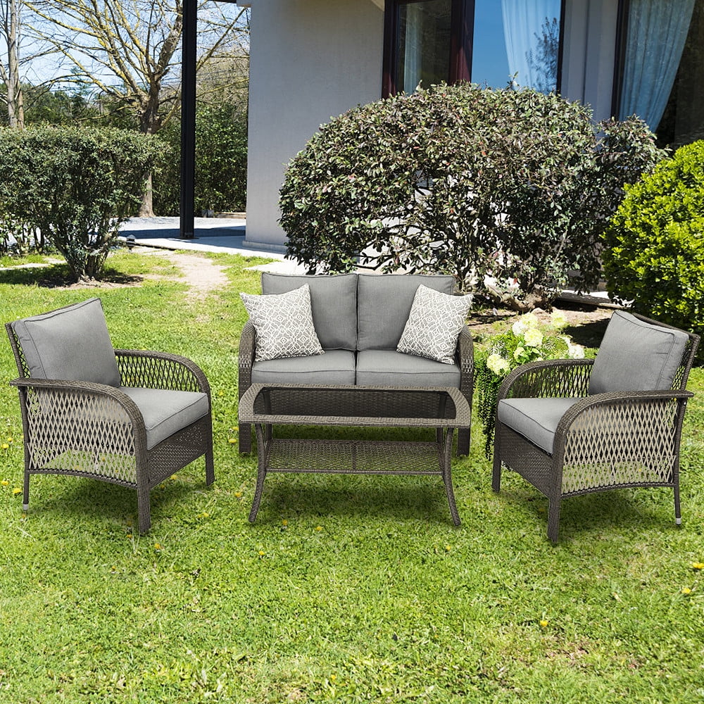 4 Pcs Patio Wicker Conversation Set with Coffee Table and Cushions A38253