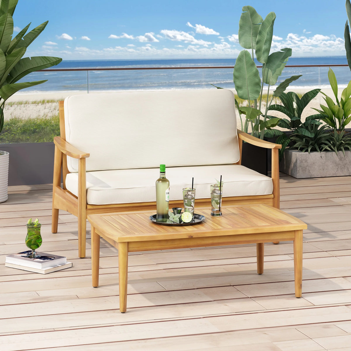 Acacia Wood Loveseat Set with Coffee Table P7349