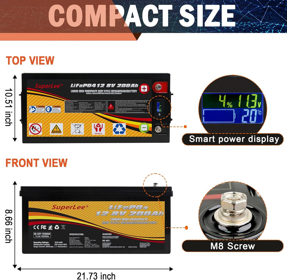 LiFePO4 12V 200AH 4000+ Deep Cycle Lithium Iron Phosphate Battery with BMS J327203