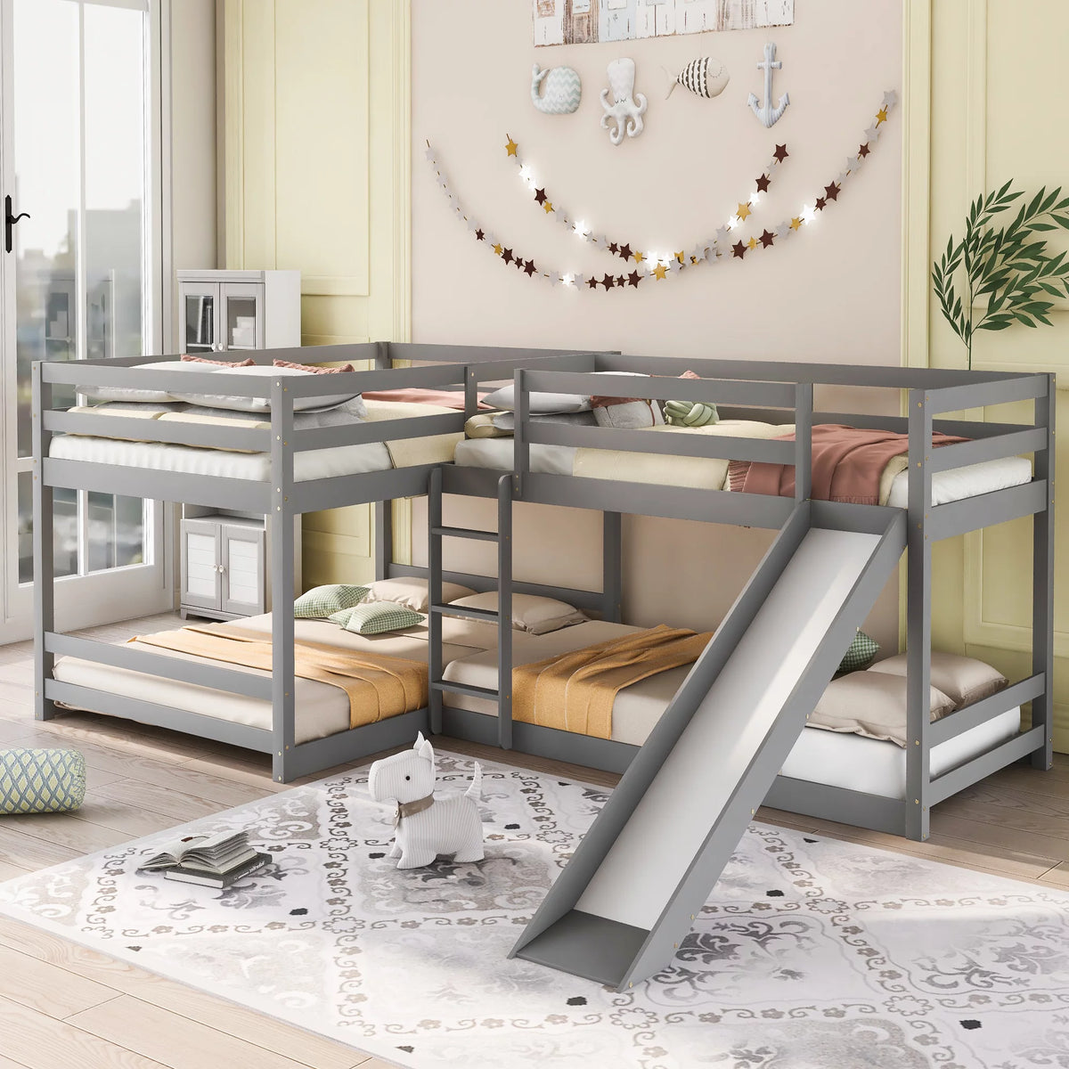 Full and Twin Size L-Shaped Bunk Bed with Slide and Short Ladder L1114