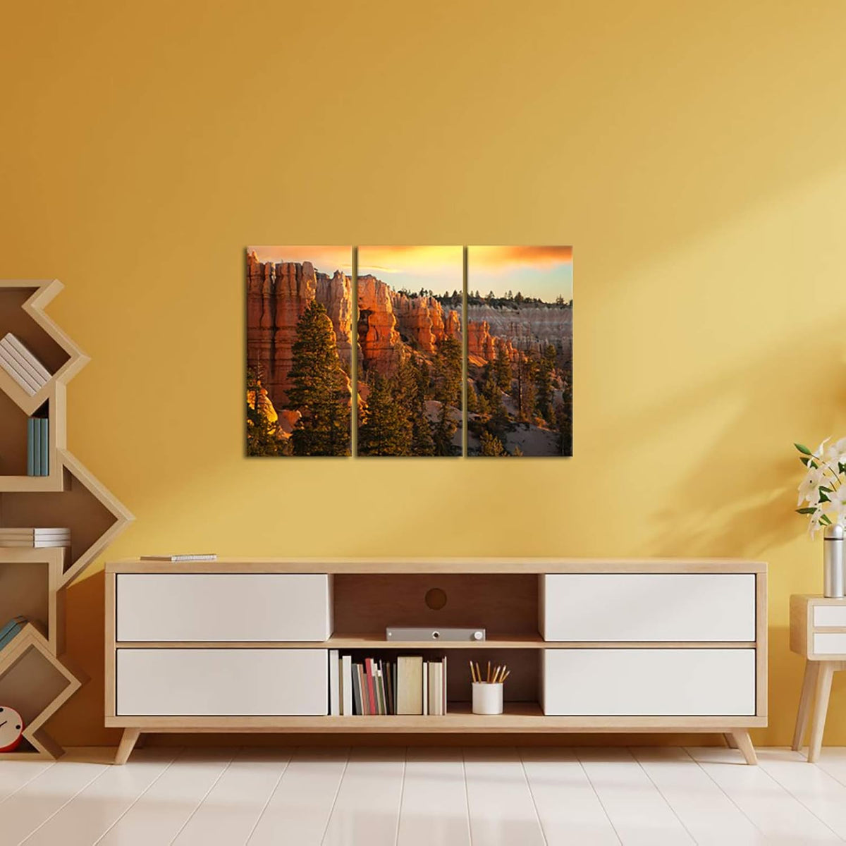 Large 3 Piece Canvas Wall Art Sunset at Grand Canyon National Park Panoramic Landscape Artwork Ready to Hang 16x32x3 Q233517