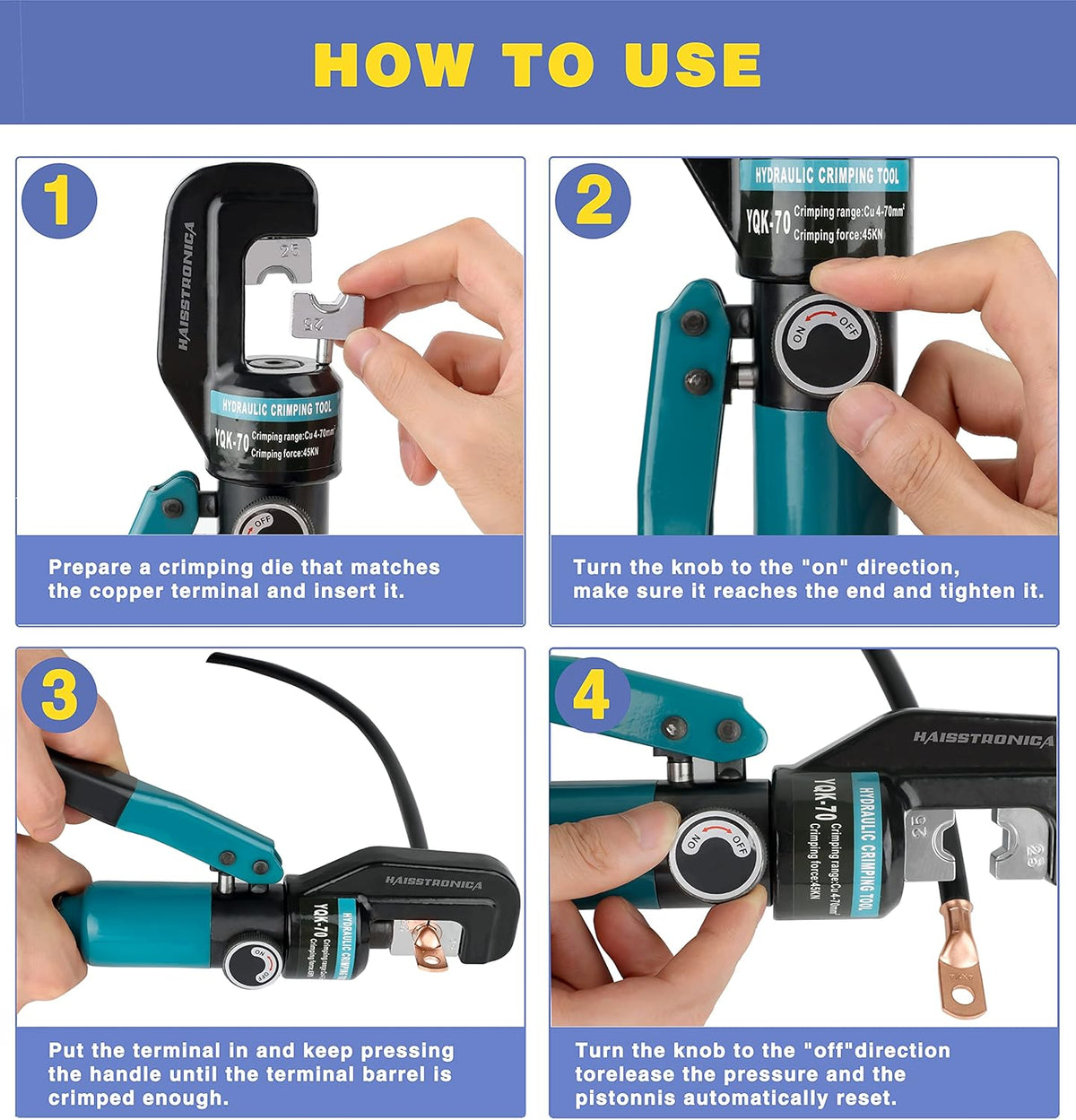 Hydraulic Battery Cable Lug Crimping Tool, AWG 12-2/0, 9 Pairs of Dies J3578