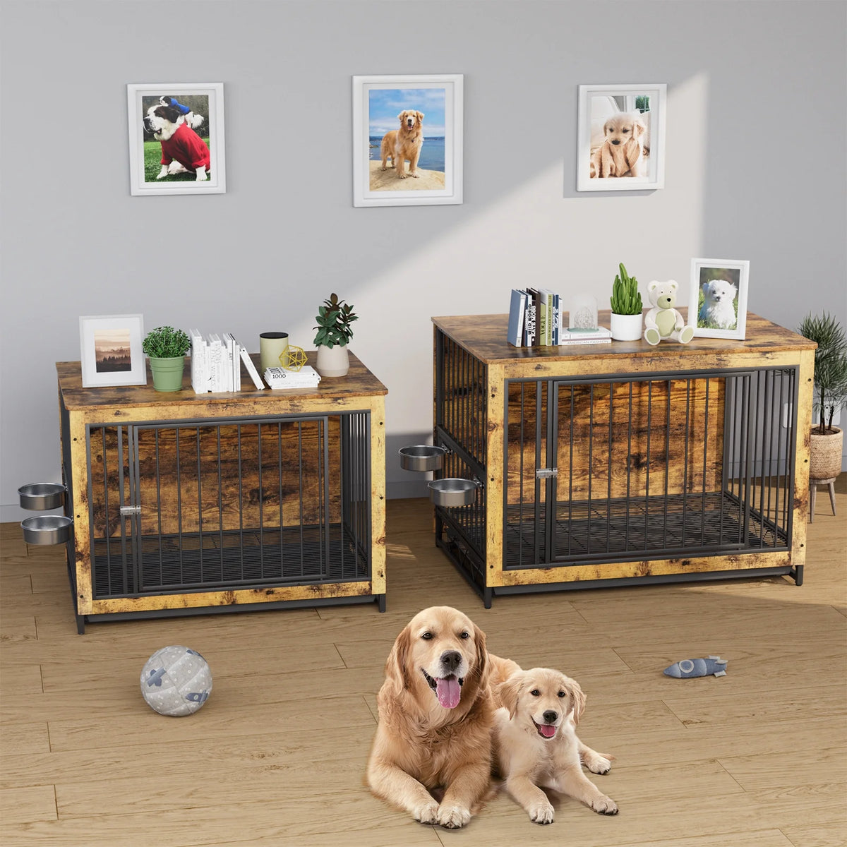 Wooden Dog Crate with 2 Stainless Steel Bowls A6892