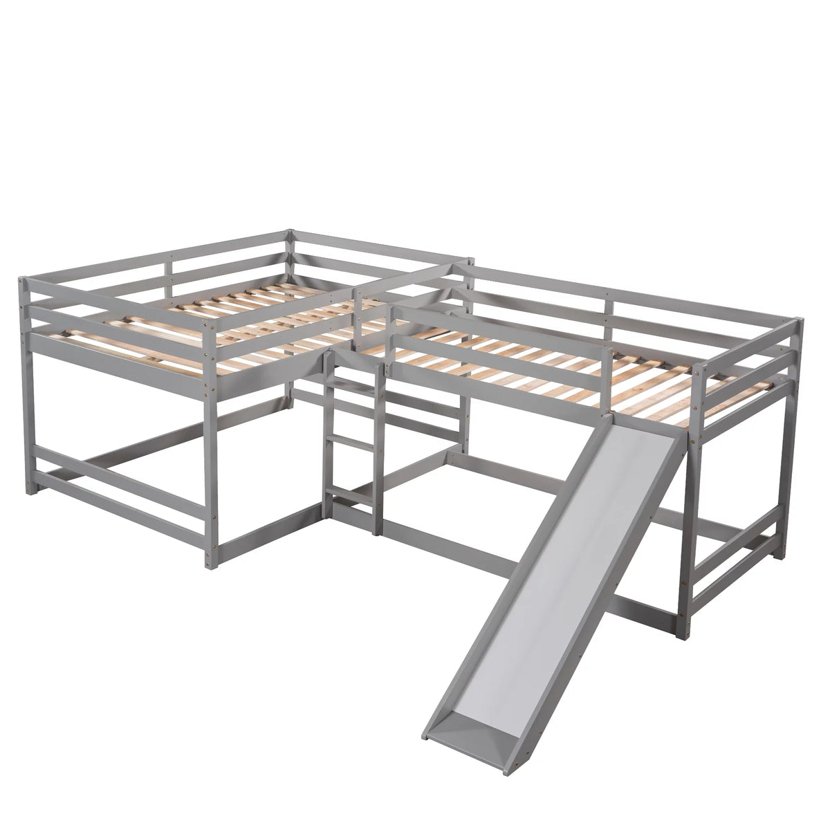 Full and Twin Size L-Shaped Bunk Bed with Slide and Short Ladder L1114