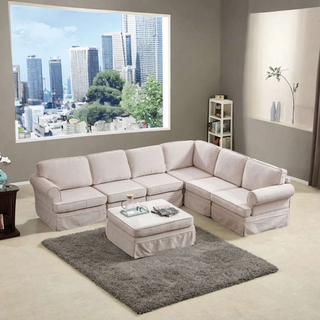 Beige Fabric Upholstered Modular Sectional Sofa with Ottoman D162