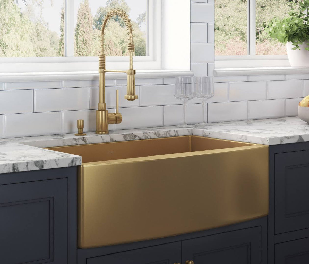 30-Inch Apron-Front Farmhouse Kitchen Sink Brass Tone Matte Gold Stainless Steel Single Bowl H48035