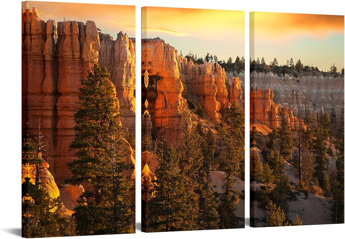 Large 3 Piece Canvas Wall Art Sunset at Grand Canyon National Park Panoramic Landscape Artwork Ready to Hang 16x32x3 Q233517