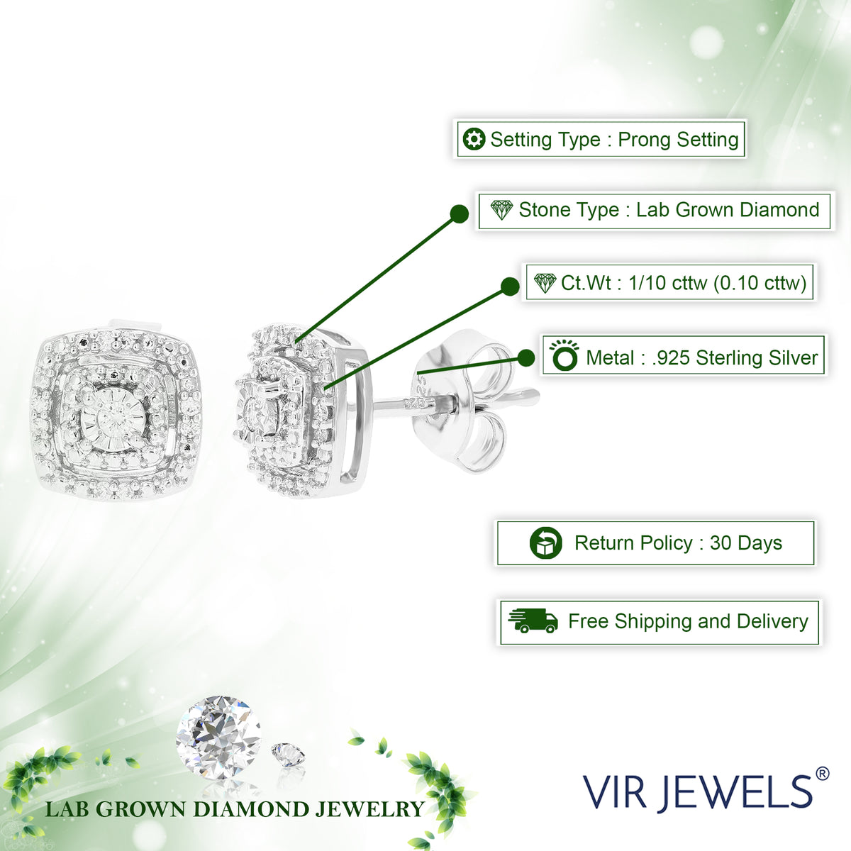 1/10 CTTW Lab Grown Diamond Stud Earrings in .925 Sterling Silver F818