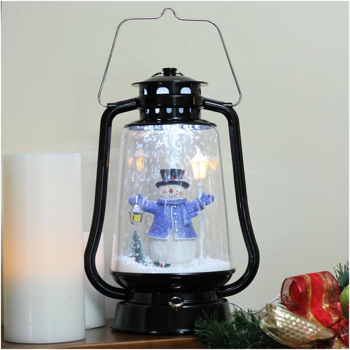 Black Lighted Musical Snowman Snowing Christmas Table Top Lantern P49522