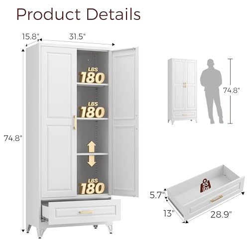 White 4 Adjustable Shelves Metal Pantry Cabinet N8375
