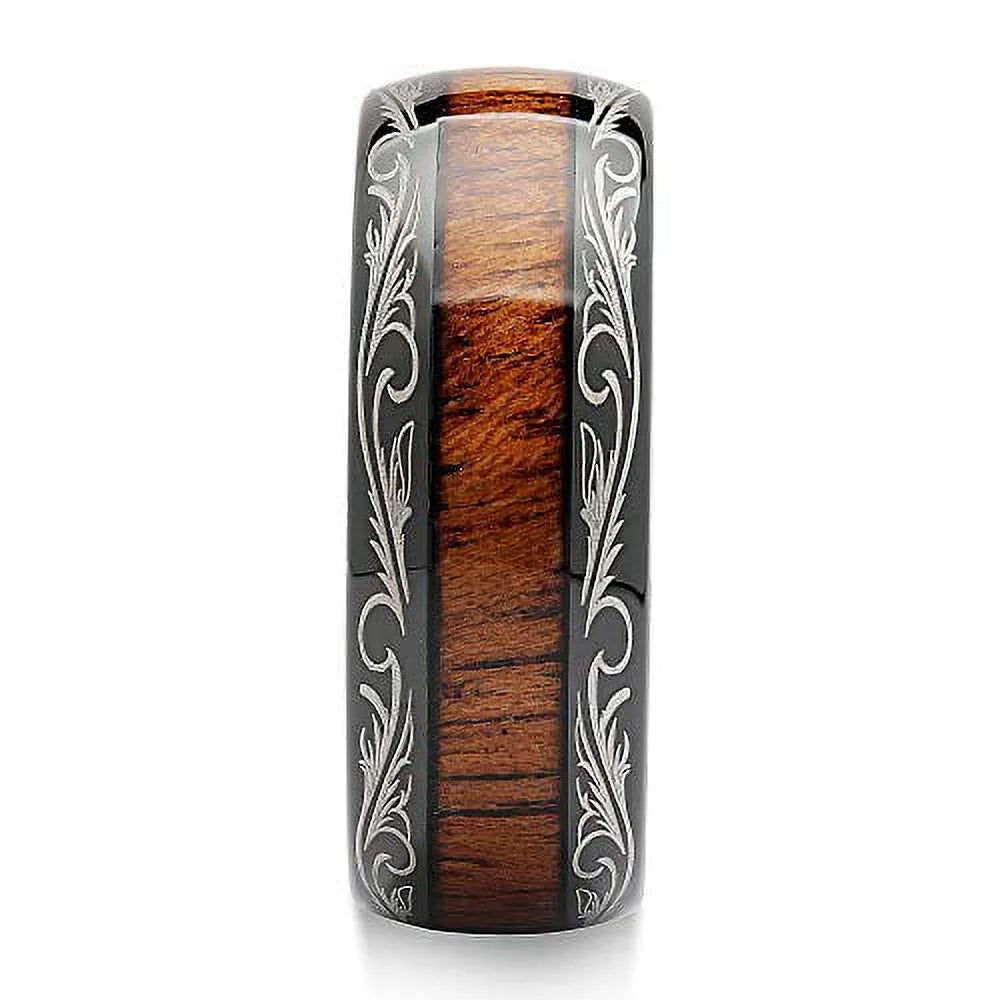 Tungsten Rings with Koa Wood Inlaid Dome Edge Comfort Fit I2217