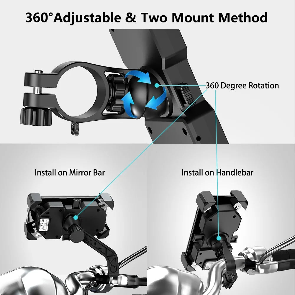 Motorcycle Phone Mount with Wireless and USB Charger 15W Qi Fast Charging Cell Phone Holder O6513